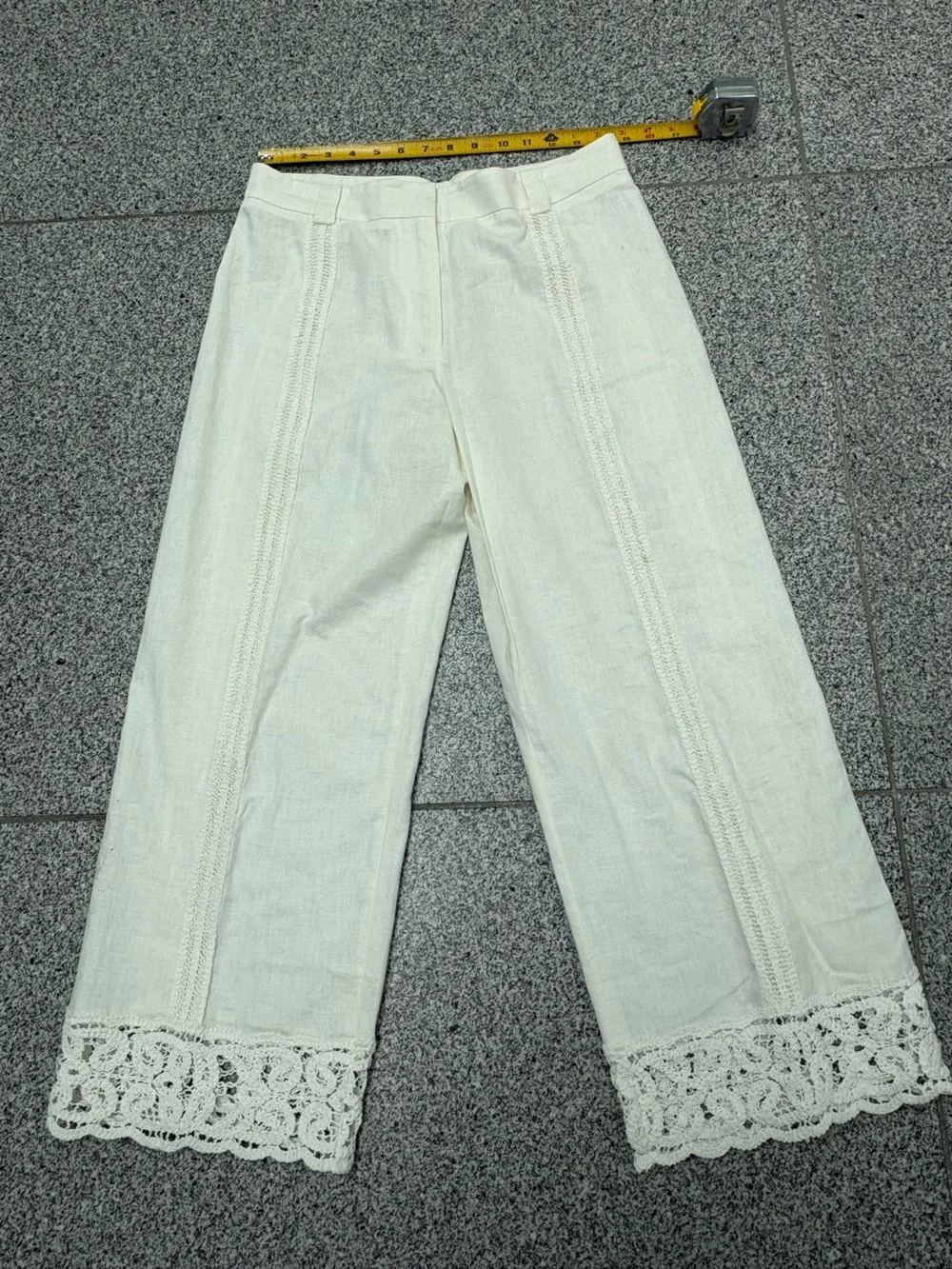 Zara Cream Cropped Linen-Blend Pants with Crochet Trim